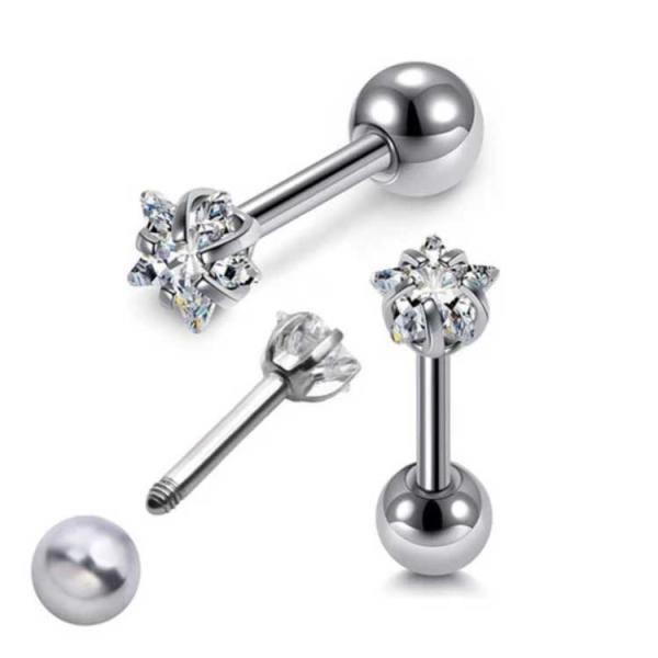 Steel 316L Ohr Knorpel Piercing 1,0x6mm mit sternförmigen 3mm Zirkonia in Krabbenfassung